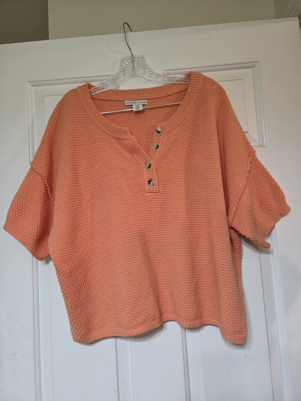 Sincerely Jules Peach Waffle-Knit Henley Sweatshirt